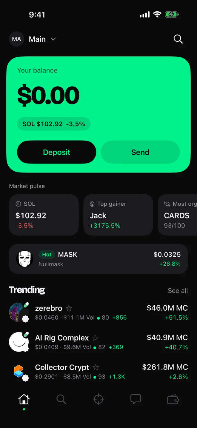 Trenchpad home screen with balance and trending tokens