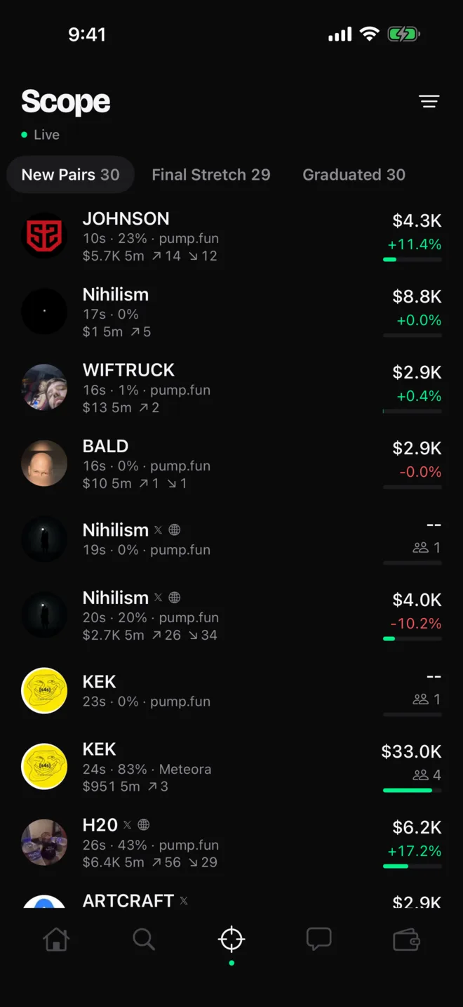 Scope: new token launches updating live