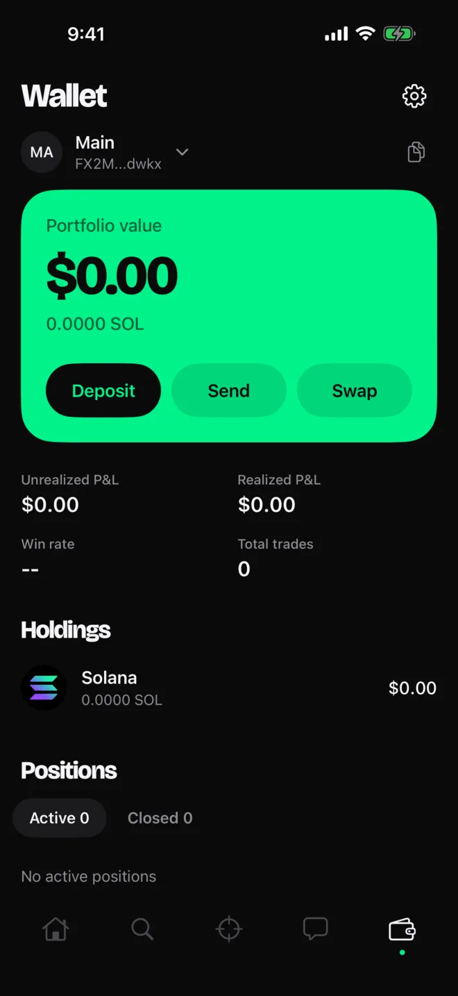 Wallet with portfolio and positions